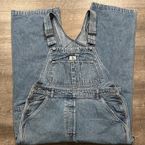 Calvin Klein Blue distressed Denim bib Overalls carpenter jeans size large - Picture 5 of 11